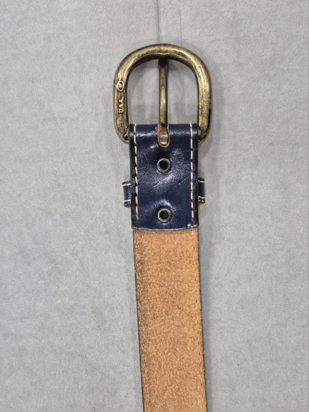 Classic Navy Leather Belt with Brass Buckle - Picture 3 of 12